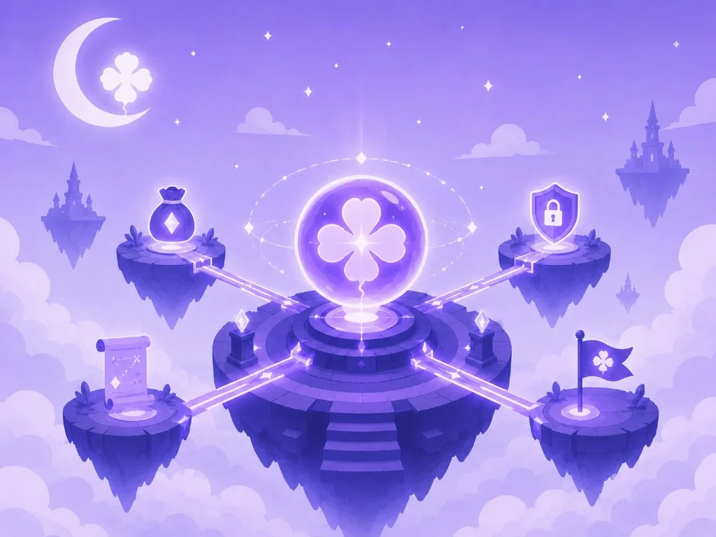 Clover engine core connected by light paths to wallet, security, roadmap, and brand islands