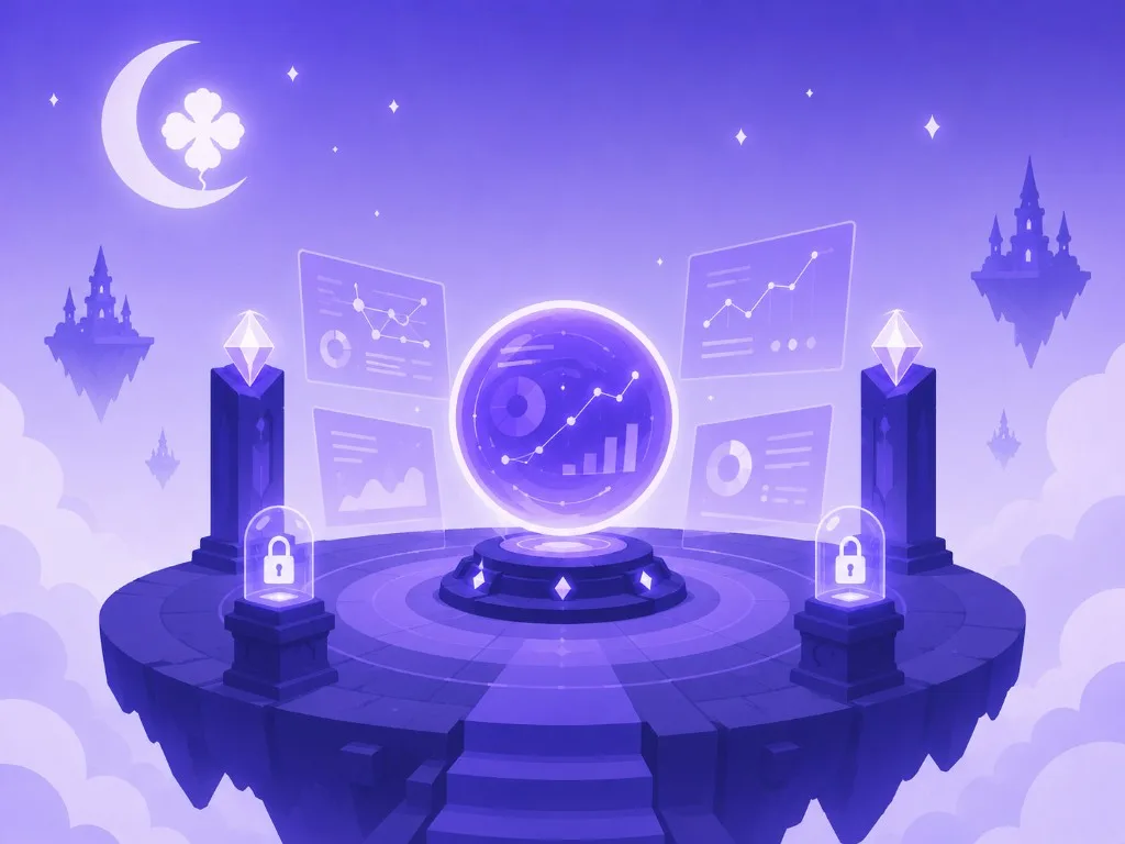 Crystal orb command hub with holographic analytics panels and secured lock pedestals