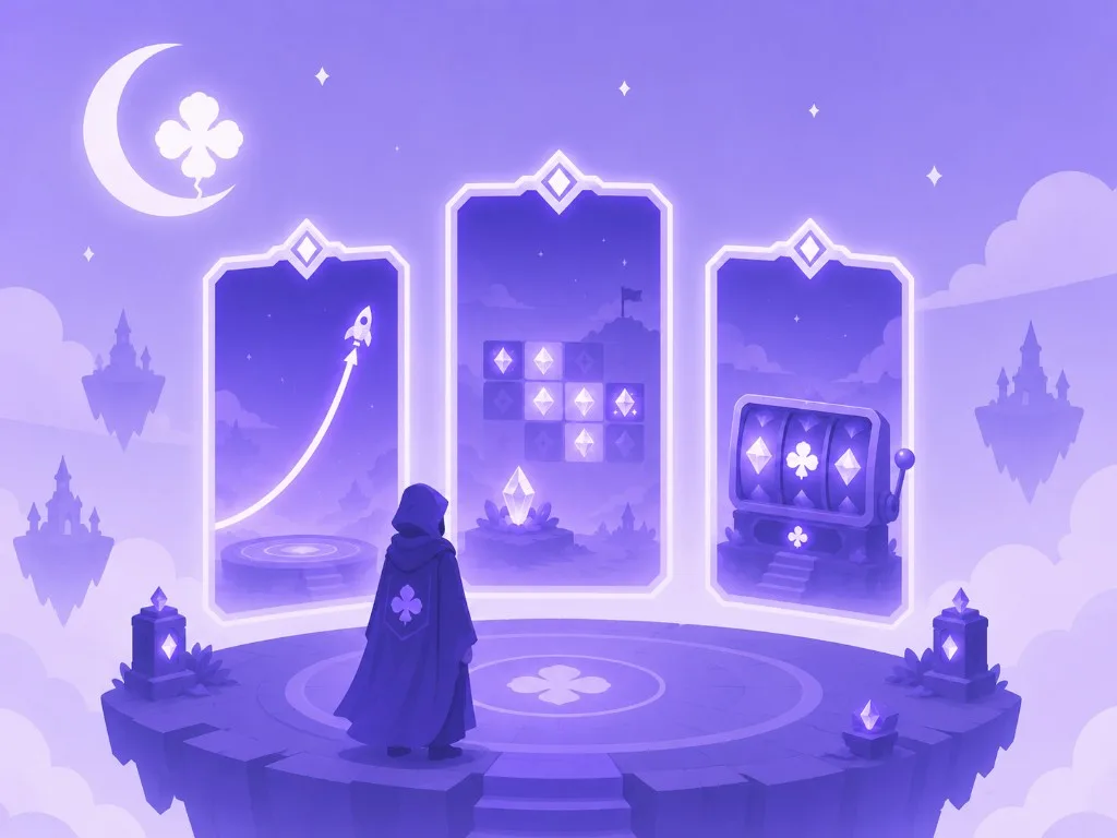 Hooded figure on a floating platform facing three glowing portals of crash, mines, and slots
