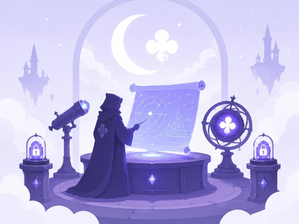 Scholar reviewing a holographic strategy map in a celestial observatory