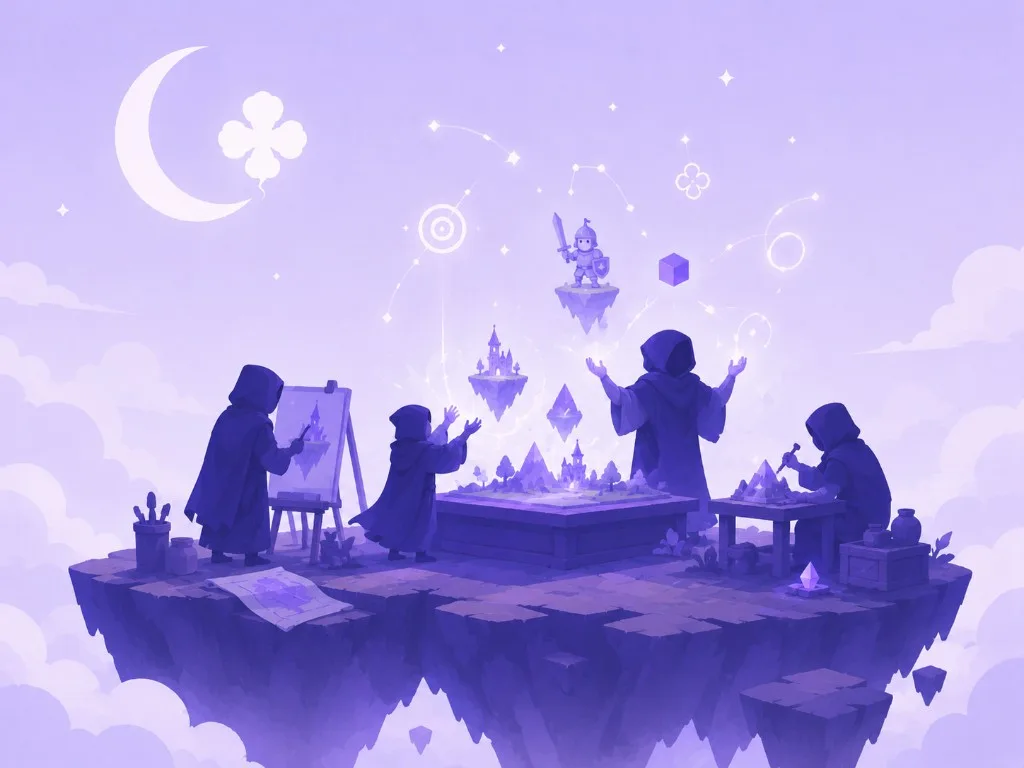 Creative team crafting a miniature floating world on a moonlit island
