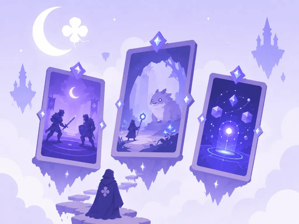 Hooded figure facing three glowing portal cards of game worlds