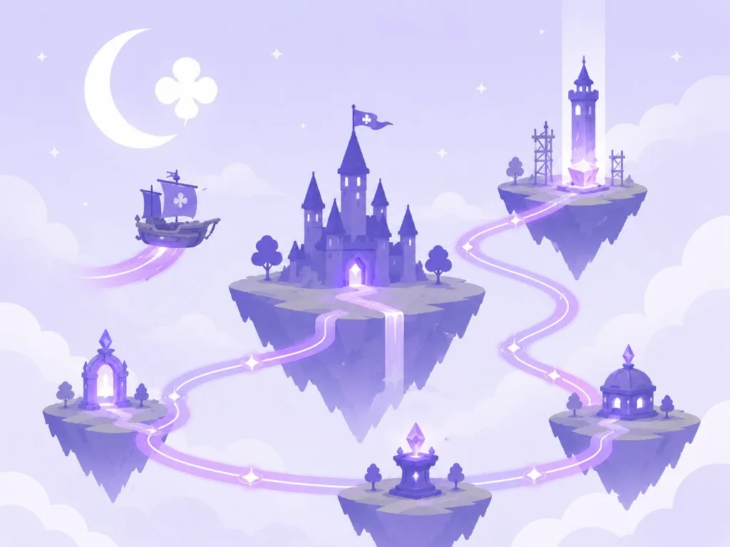 Glowing path connecting floating islands across a moonlit sky