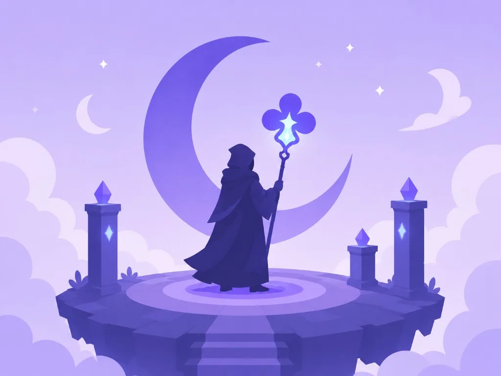 Hooded figure with a clover staff standing on a floating moonlit platform