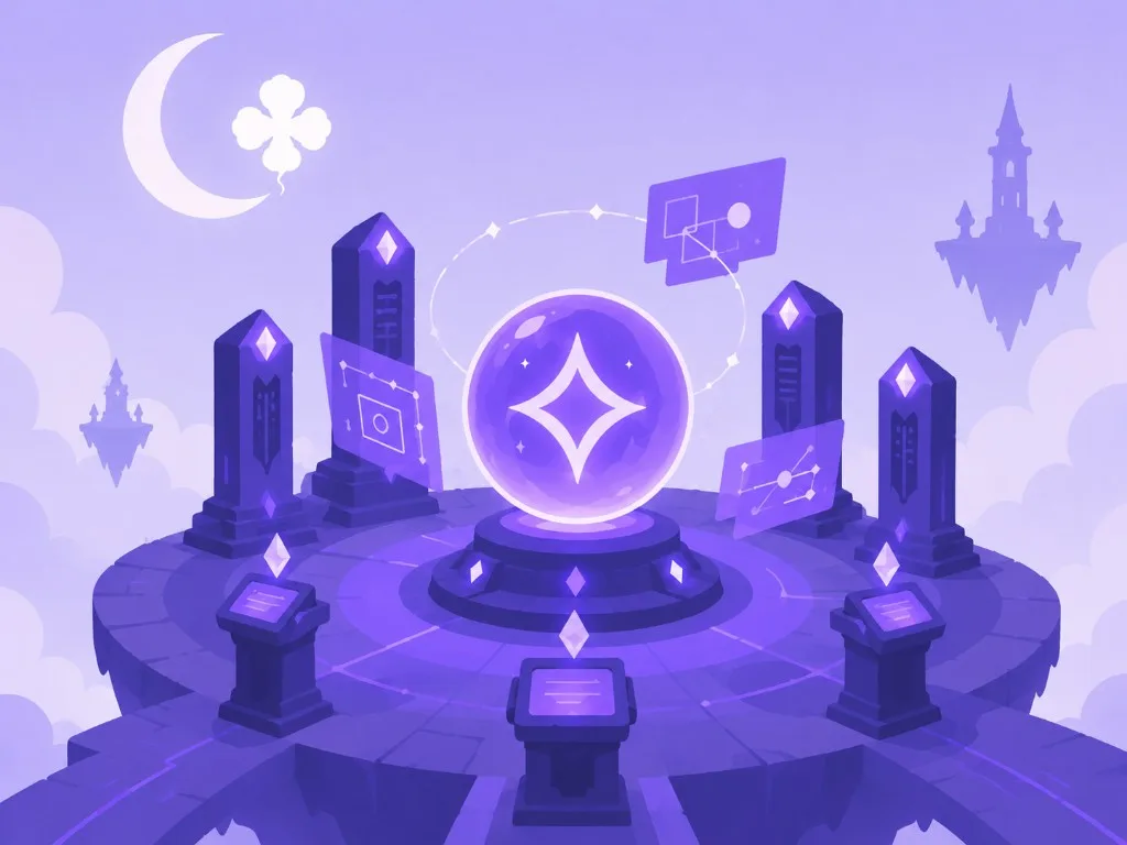 Crystal core hub surrounded by glowing operator interface panels